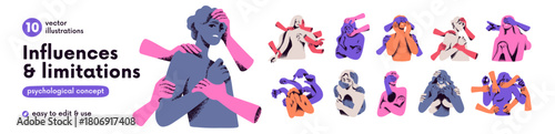 Mental health problems, psychology concepts. Helpless victim under overwhelming control, assault, influence. Self-abuse, violence and pressure. Flat vector illustrations isolated on white background.