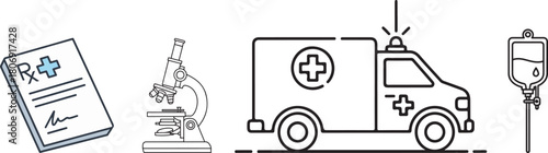 Medical Icons: Prescription, Microscope, Ambulance, and IV Drip