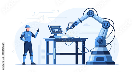 Automated manufacturing process with robotic arm controlled by operator showing futuristic vision