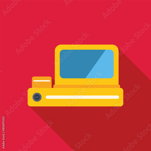 Retro yellow desktop computer with floppy disk drive casting a long shadow on a vibrant red background, evoking nostalgia for vintage technology