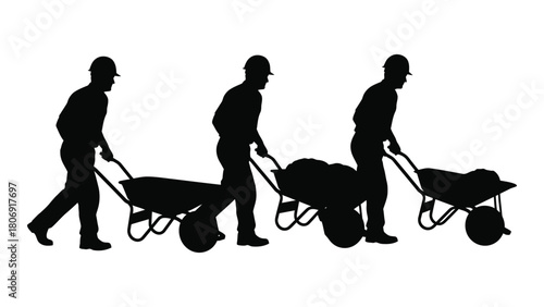 Construction workers with wheelbarrows silhouette isolated on white background, Vector