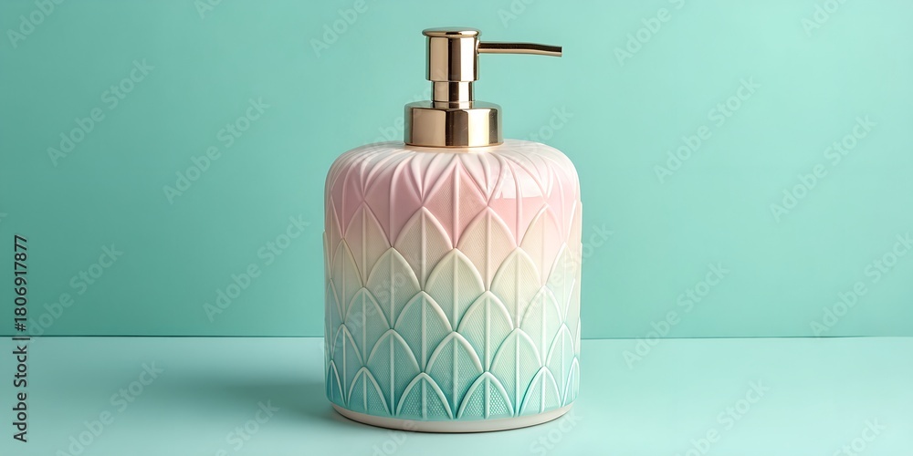 Obraz premium Elegant pastel soap dispenser for modern bathroom decor, adding a touch of luxury and serenity to your daily routine, perfect for lifestyle branding