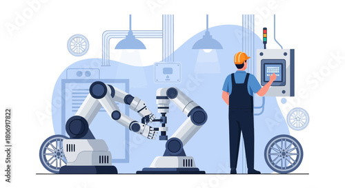Automated precision manufacturing with robotic arms and operator oversight in a modern factory
