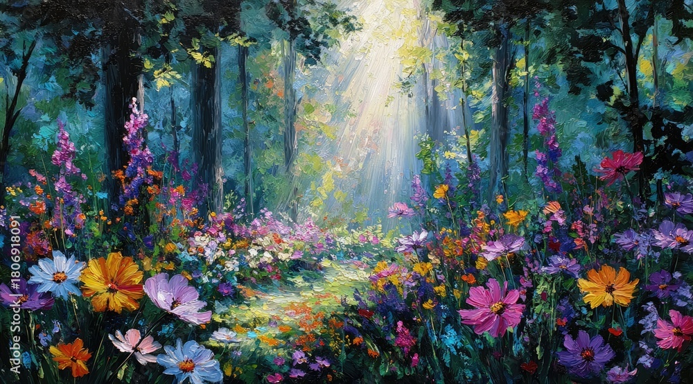 Obraz premium Vibrant floral forest path, sunlit