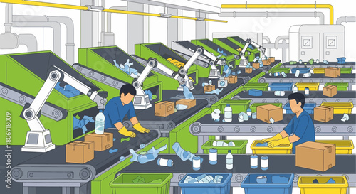 Automated recycling plant with human workers and robotic arms for waste segregation and sorting