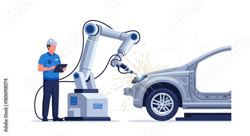 Automated vehicle assembly line with welding robot overseen by engineer using tablet for precision