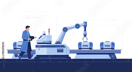 Automation engineer overseeing robotic arm assembly line for precise manufacturing processes