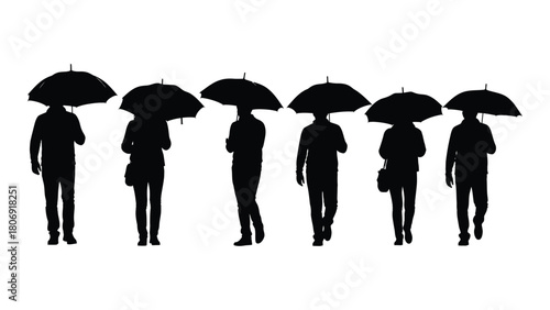 Silhouettes of people with umbrellas isolated on white background, Vector