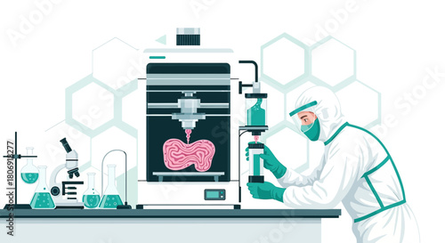 Bioprinting innovation: Scientist in protective gear creates artificial organs with 3D printer in