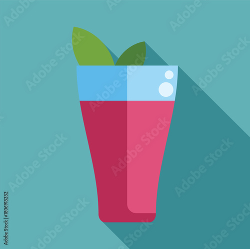 Glass of pink refreshing juice with mint leaves on a turquoise background with long shadow