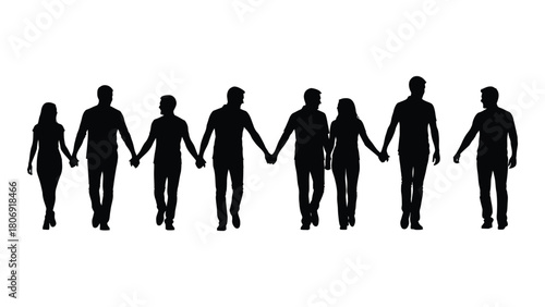 Silhouettes of diverse people holding hands isolated on white background, Vector