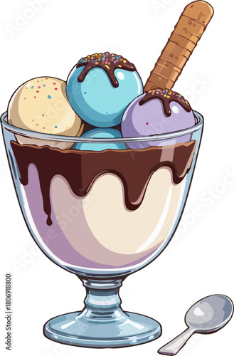 Ice Cream Sundae Vector with Blue, Purple, and Vanilla Scoops, Chocolate Sauce, Wafer Stick, Glass Bowl