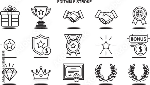 Awards and achievement icon set with trophies, prizes, and medals, motivational goal icons collection, perfect for business, success, and recognition designs