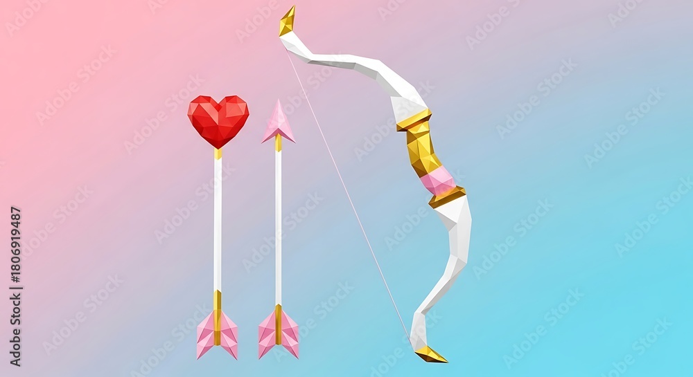Obraz premium A whimsical white and gold bow and arrow set with heart shaped arrowheads on a pastel background