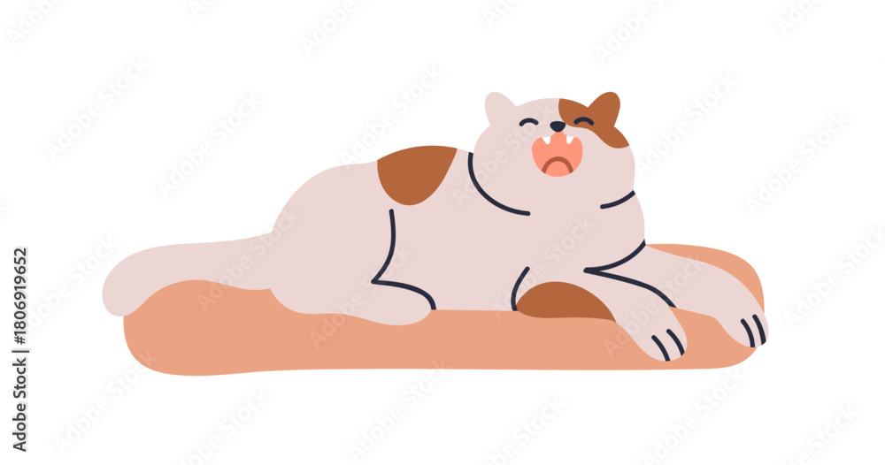 Fototapeta premium Cute cat lying on pet bed, yawning. Sleepy lazy feline resting on cozy cushion. Home animal, adorable kitty enjoying relaxation, leisure. Flat vector illustration isolated on white background.