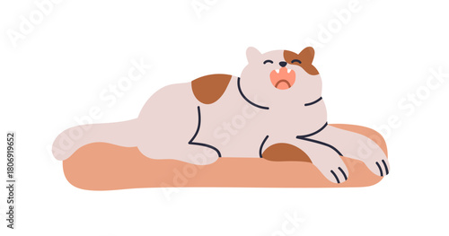 Cute cat lying on pet bed, yawning. Sleepy lazy feline resting on cozy cushion. Home animal, adorable kitty enjoying relaxation, leisure. Flat vector illustration isolated on white background.