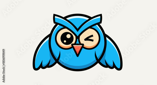Cute cartoon owl winking with big eyes and blue feathers.