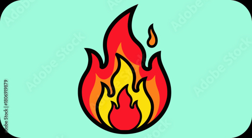 Fiery flame illustration with vibrant colors and bold outlines, a symbol of heat.