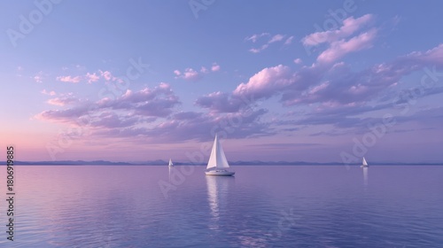 Tranquil Sailing Boats on a Pastel Lake Under Soft Pink and Purple Skies at Dusk