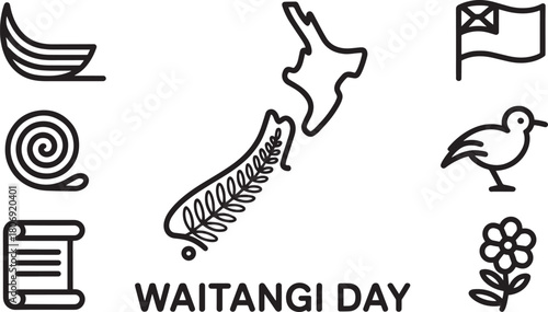 Celebrate Waitangi Day with New Zealand Symbols Maori Culture and Traditions Black and White Vector Art