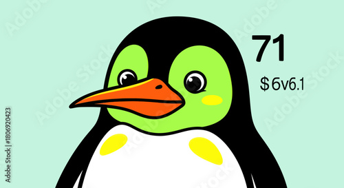 Cute cartoon penguin with bright green face and orange beak.