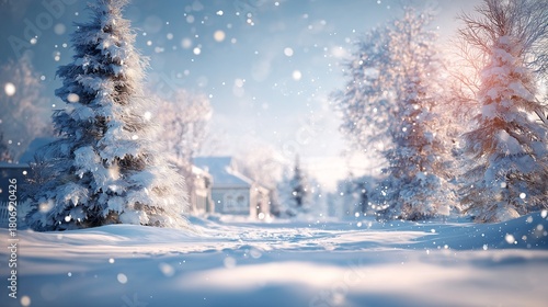 雪に覆われた木々と家並み、キラキラと光る冬の美しい風景