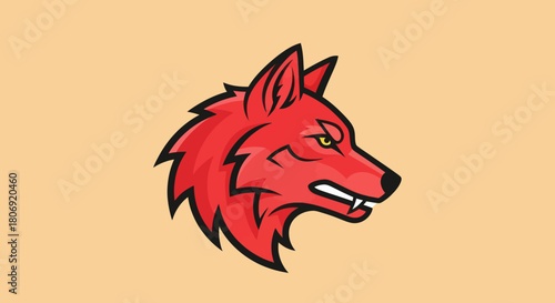 Red Wolf Head Mascot with Angry Expression and Sharp Teeth.