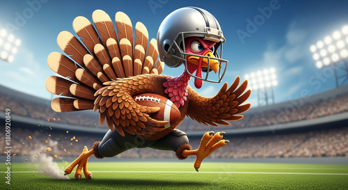 Cartoon turkey wearing football helmet and uniform runs with football on the field, representing Thanksgiving and sport spirit for celebration