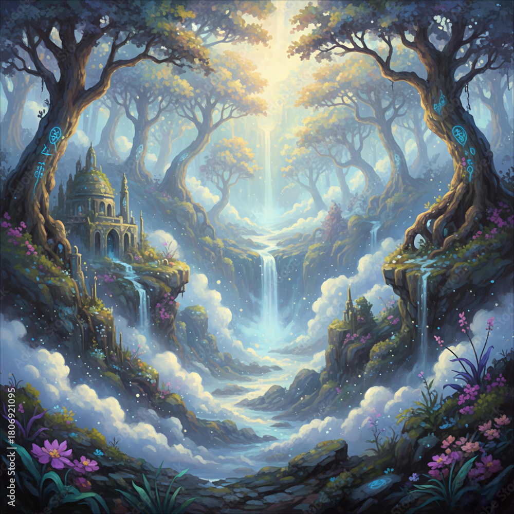 Obraz premium Enchanted forest waterfall with mystical light beam