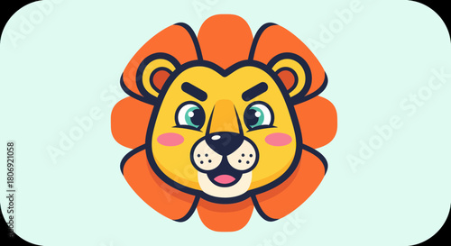 Cute cartoon lion face with orange mane and blue eyes.