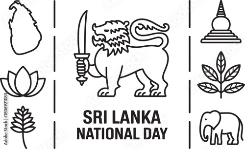 Sri Lanka National Day Featuring Lion and Cultural Icons in Linear Style