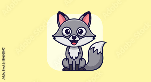 Cute gray cartoon fox sitting happily with a bushy tail.