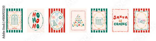 Hand-drawn Christmas Vector Poster Set. Sketch style greeting cards and banners with festive elements. Perfect for holiday design and prints. Includes line art doodles.