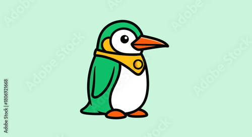 Cute cartoon penguin with green wings and yellow scarf.