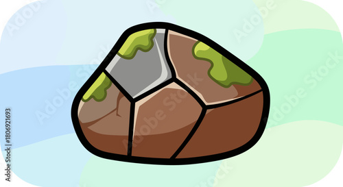 Detailed illustration of a cracked stone with mossy patches and dark outlines.