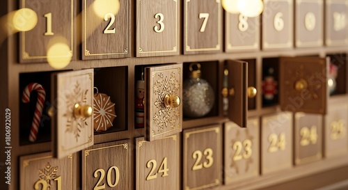 Intricate advent calendar with open doors revealing small gifts and festive decorations for christmas countdown