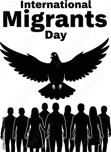 Silhouette illustration of a dove flying above a group of people, commemorating international migrants day