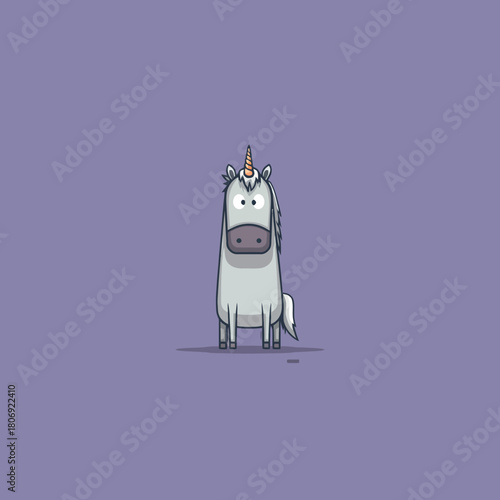 Cute cartoon unicorn illustration with a whimsical, goofy expression on a solid purple background. Simple, charming fantasy creature art.