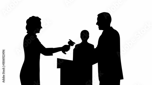 Powerful political interview silhouette with reporter and candidate, conveying trust and transparency for news media or election campaign visuals, original vector