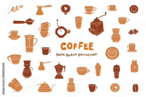 Hand-drawn Coffee vector doodle elements set. Sketch icons of cups, beans, mugs, and menu items. Ideal for cafe branding, packaging, and digital designs. set of kitchen utensils