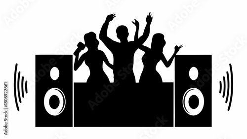 Silhouetted DJ and singers creating vibrant music party atmosphere with powerful speakers, perfect for nightlife events and entertainment promotions