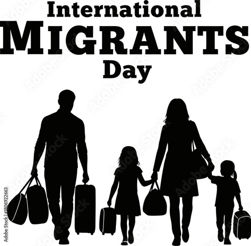Silhouette of a family with luggage, symbolizing international migrants day