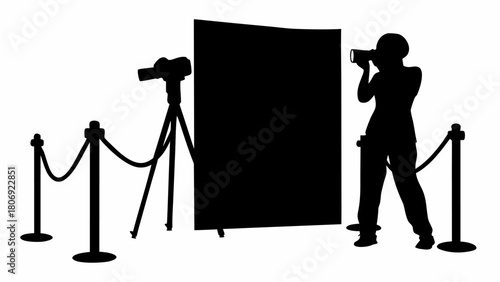 Capture the Moment Silhouette Event Photographer at Work on Red Carpet, Professional Paparazzi Shooting with Camera, Celebrity Arrival, Scalable Vector Graphic