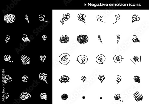 もやもやとした不安や不満の漫符　シンプルな白黒アイコンと吹き出しセット　ベクター素材
