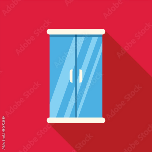 Glass fronted wardrobe casting a long shadow on a red wall, ideal for interior design or furniture concepts