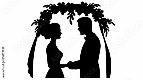 Elegant silhouette of bride and groom holding hands beneath a floral archway, perfect for wedding invitations, anniversary cards, or romantic designs with love