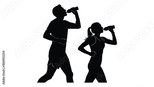 Running couple staying hydrated isolated on white background, Vector