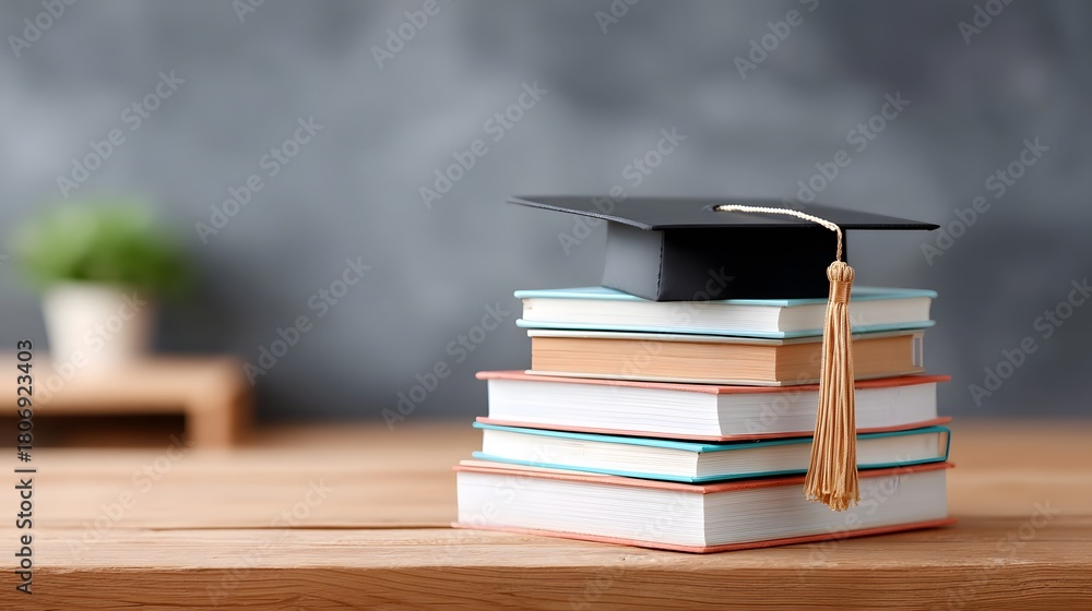 Obraz premium A black graduation cap with a gold tassel rests on a stack of colorful books placed on a wooden surface representing the culmination of studies and the pursuit of knowledge