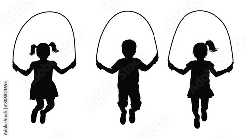 Children jumping rope silhouettes isolated on white background, Vector