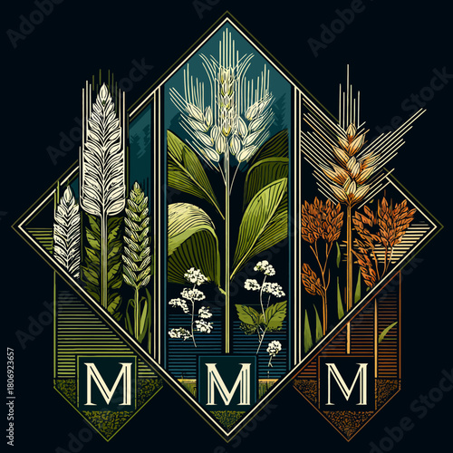Elegant Art Deco botanical illustration of diverse cereal grains: wheat, barley, and more, set in decorative panels on a dark background.
